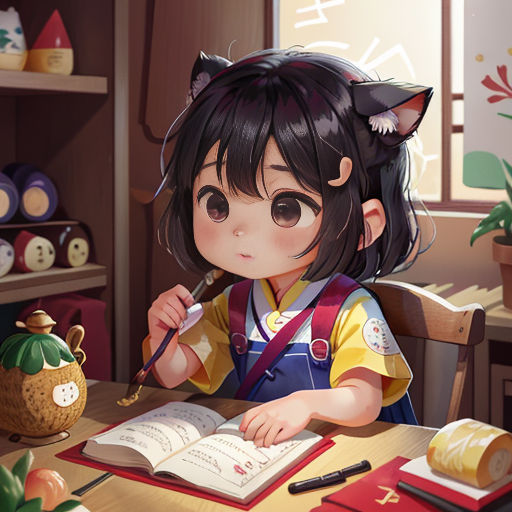 a girl sitting at a table with a book and pen in her hand and a cat on her shoulder