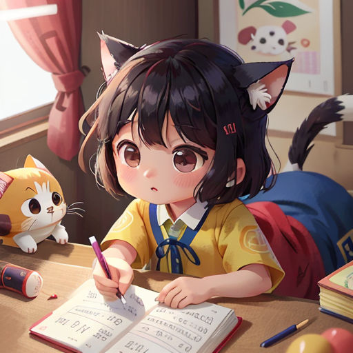 a girl sitting at a desk with a cat and a book in front of her, writing on a notebook