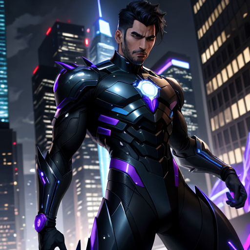 a man in a futuristic suit standing in front of a city at night with a neon light on his chest