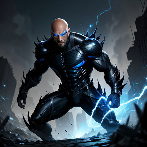 a man in a black suit with lightning in his hands and a lightning bolt in his mouth, in a cityscape