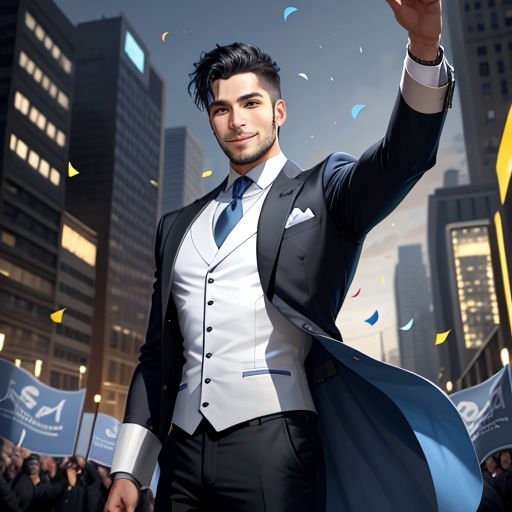 a man in a suit and tie holding a flag in the air with confetti falling from his hands