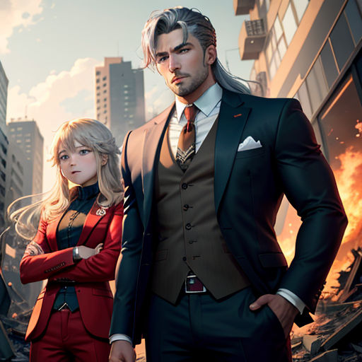 a man and a woman standing in front of a city skyline with a train track in the background and a train track in the foreground