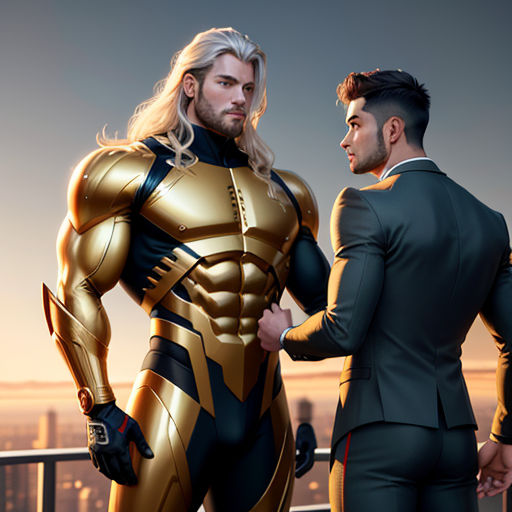 a man in a suit standing next to a man in a suit on a rooftop with a city in the background
