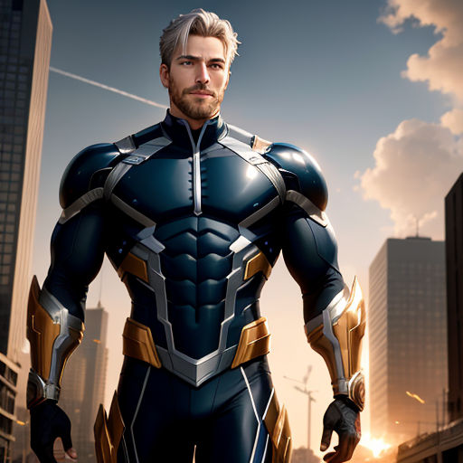 a man in a suit standing in front of a cityscape with a sky background and clouds in the background