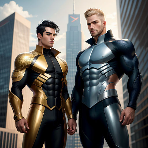 two men in futuristic suits standing in front of a cityscape with skyscrapers in the background, one wearing a gold and silver suit