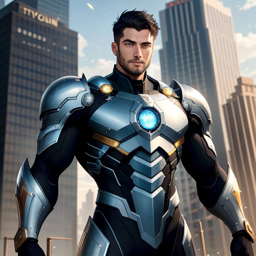 a man in a suit standing in front of a city skyline with a glowing light on his chest and a futuristic helmet on
