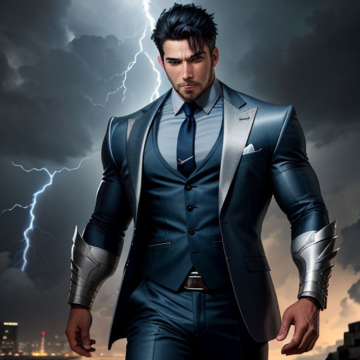 a man in a suit and tie standing in front of a lightning storm with his hands on his hips