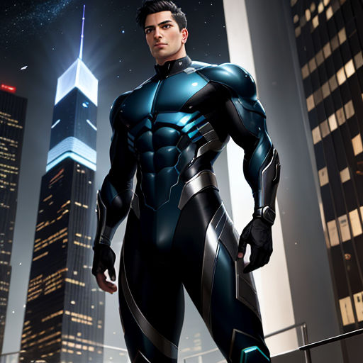 a man in a futuristic suit standing in front of a cityscape at night with a skyscraper in the background
