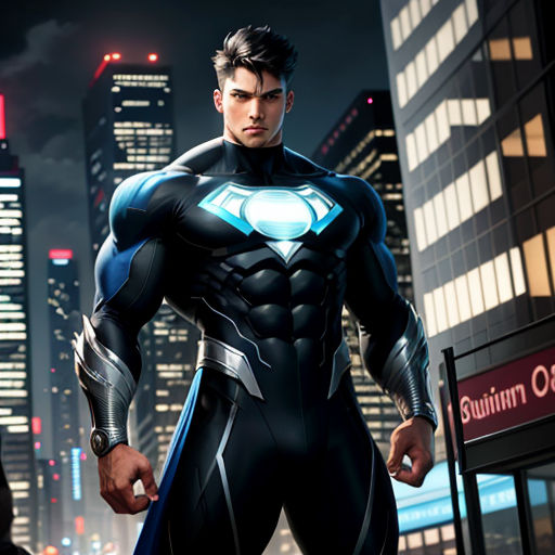a man in a suit standing in front of a city at night with a glowing light on his chest