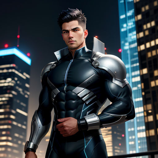 a man in a futuristic suit standing in front of a city at night with his hands on his hips