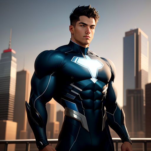 a man in a suit standing in front of a city skyline with skyscrapers in the background, wearing a futuristic suit