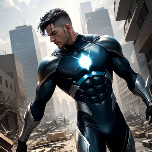 a man in a futuristic suit is walking through a city street with a glowing light on his chest and chest