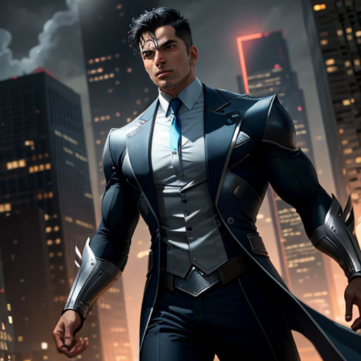 a man in a suit and tie standing in front of a city at night with a city skyline in the background