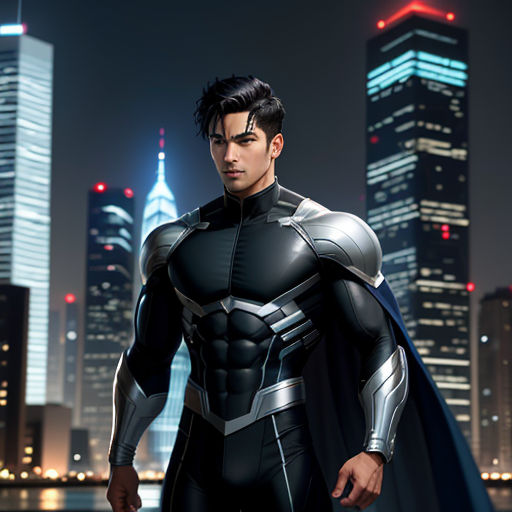 a man in a suit standing in front of a city at night with a skyscraper in the background and a lit up skyscraper
