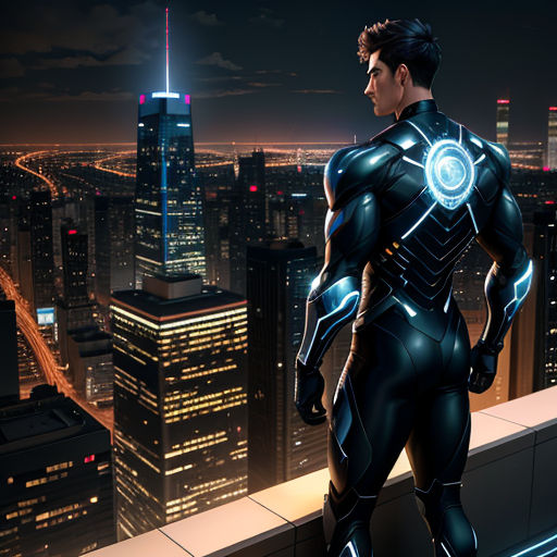 a man in a suit standing on a ledge in front of a cityscape at night with a glowing light