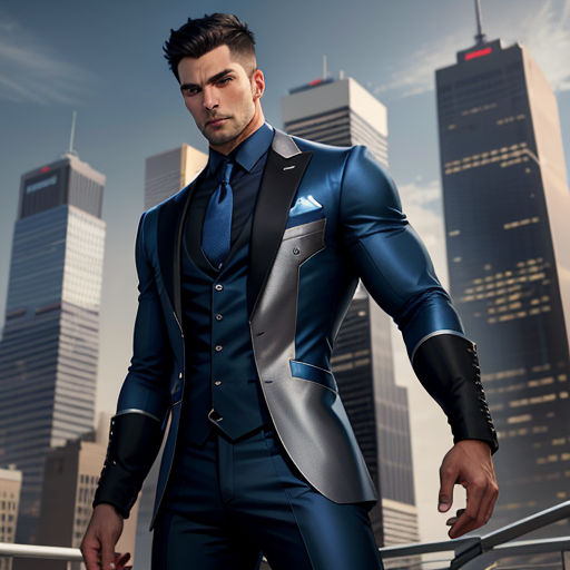 a man in a suit and tie standing in front of a city skyline with skyscrapers in the background