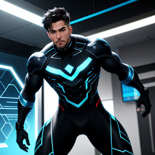 a man in a futuristic suit standing in a room with a neon light on his chest and chest,