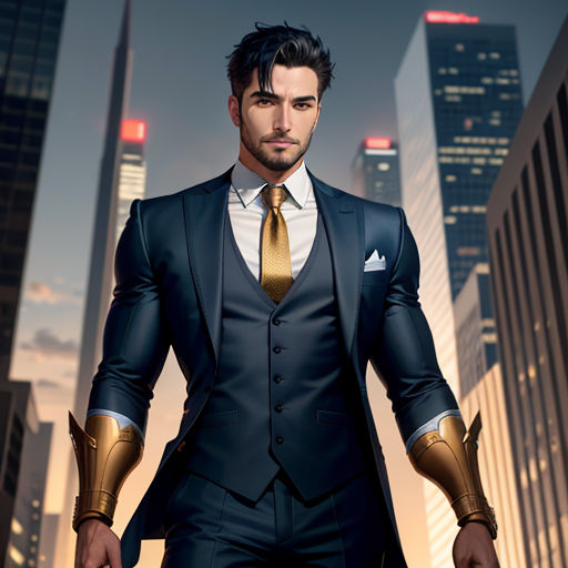 a man in a suit and tie standing in front of a city skyline at night with his hands on his hips