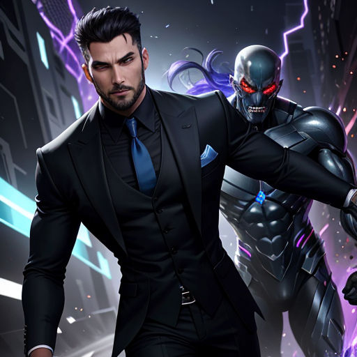 a man in a suit and tie standing next to a robot in a city with lightnings and lightnings