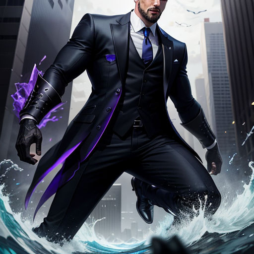 a man in a suit and tie standing in the water with a city in the background and a purple substance in his hand