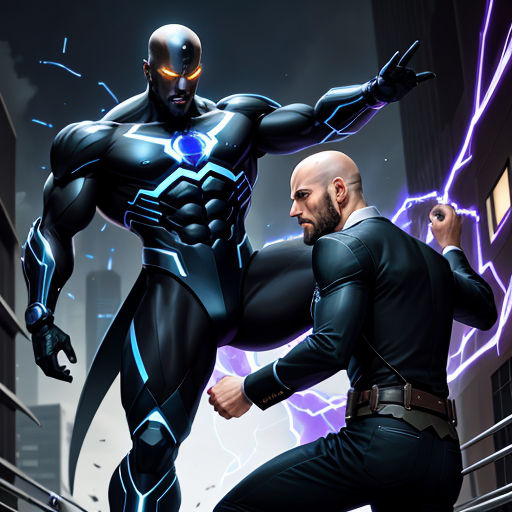 a man in a suit and a bald man in a suit are fighting in a city street with lightning