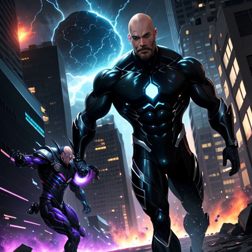 a man in a suit and a man in a suit in a city with lightnings in the background