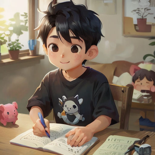 a boy is sitting at a table writing on a book and a pig is sitting next to him on the table