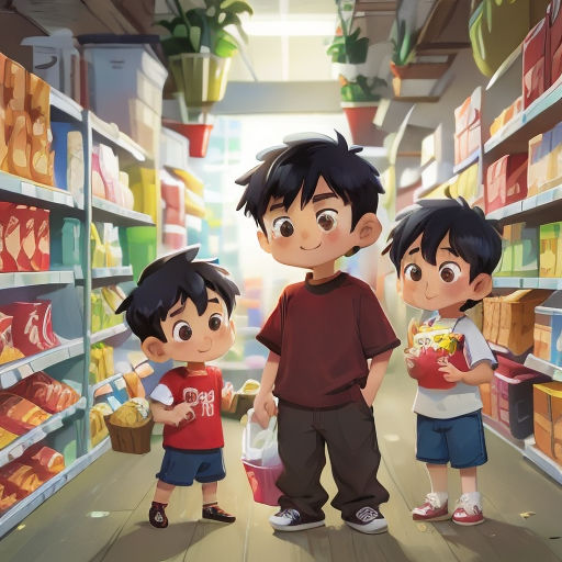 three children standing in a grocery store aisle with a basket of food in front of them and a man holding a basket of food