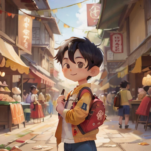 a boy with a backpack standing in a street with a lot of people in the background and a sign that says,