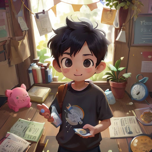 a boy holding a cell phone in a room with books and a pig toy in it's hand