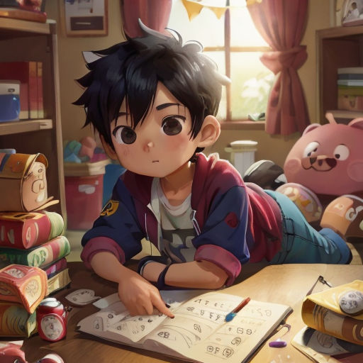 a boy is sitting at a table with a book and a pig toy in the background and a book on the table