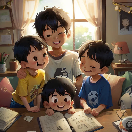 a group of children sitting around a table with an open book in front of them and a man standing behind them