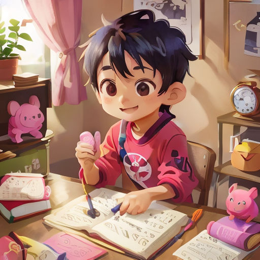 a young boy is sitting at a desk with a book and pen in his hand and a pig figurine on the desk