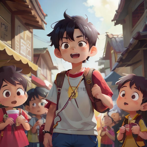 a boy and a girl standing in front of a crowd of people in a city street with buildings and a sky background