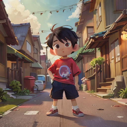 a boy standing on a street in a cartoon style with a red shirt and blue shorts on, with a string of lights above him