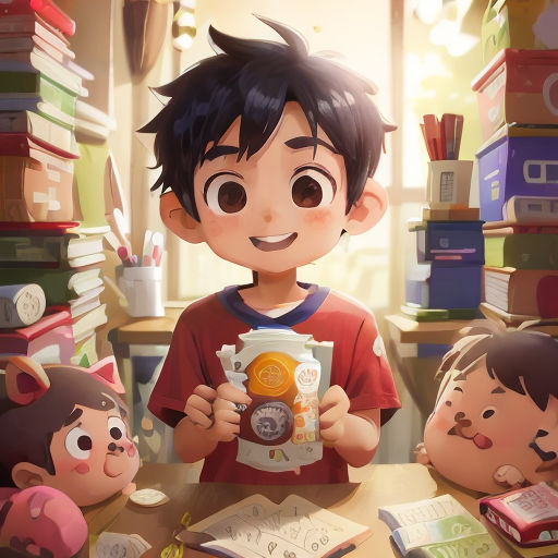 a boy holding a small cup in front of a group of children in a room full of books and bookshelves