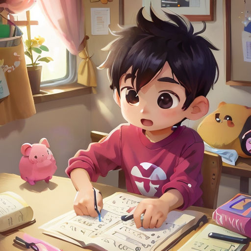 a young boy is writing on a piece of paper with a pen and a pig toy in the background