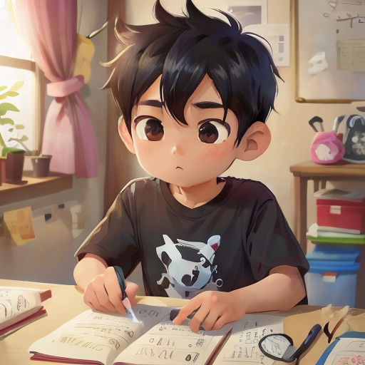 a boy sitting at a desk with an open book and pen in his hand and looking at the camera