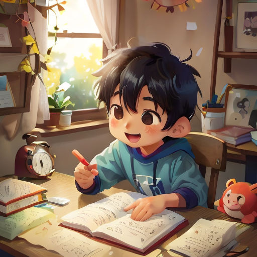 a boy sitting at a desk with a book and a pen in his hand and a clock in the background