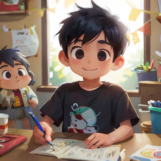 a boy is sitting at a table with a book and a pen in his hand and another boy is standing behind him
