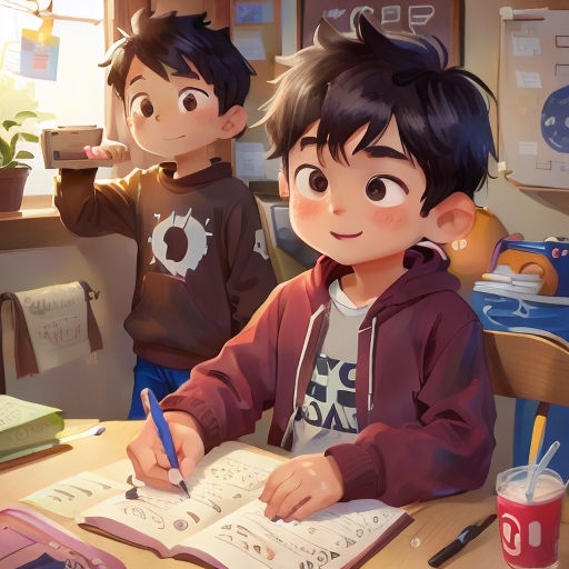 a boy and a girl sitting at a table with a book and pen in front of them and a cup of coffee