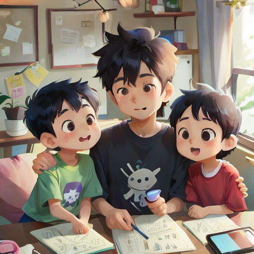 a man and two children sitting at a table with books and a tablet computer in front of them, with a cartoon of a boy and girl reading