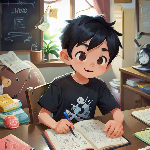 a boy sitting at a desk with a book and pen in his hand and a teddy bear on the desk