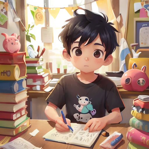 a boy sitting at a desk with a book and pen in his hand and a pig on the desk