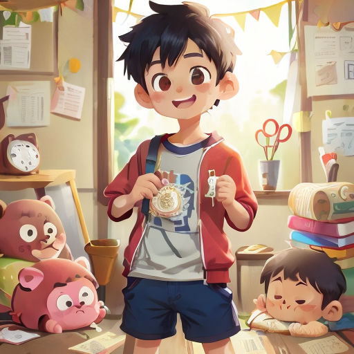 a boy standing in a room with a bunch of toys and a pig on the floor next to him