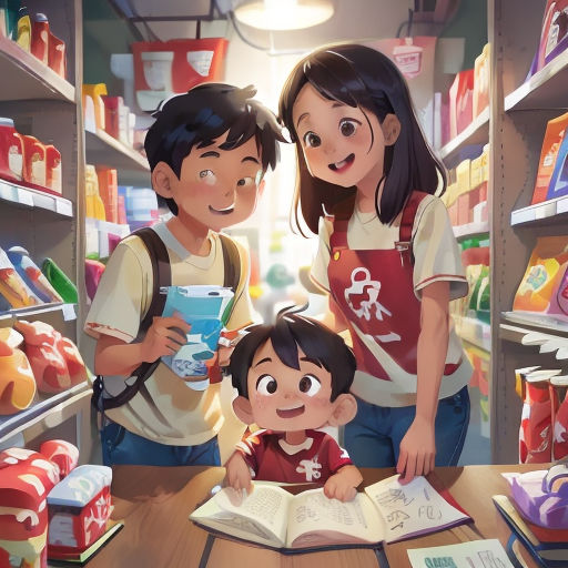 a couple of people standing in front of a book in a store with a child on the floor and a man reading a book