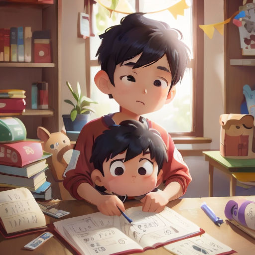 a boy and a boy are sitting at a table with books and a pen in front of them, and a cat is on the table