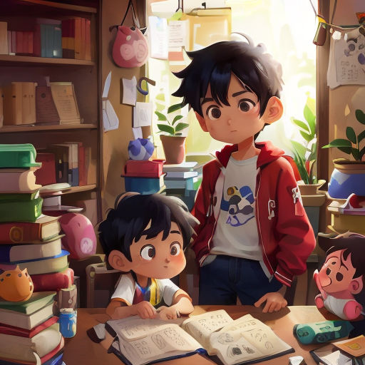 a boy and girl are sitting at a table with books and a pig figurine on the table