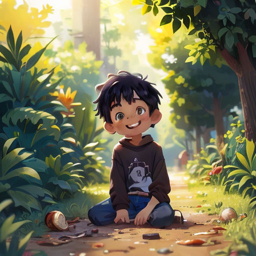a boy sitting on the ground in a forest with leaves on the ground and a tree in the background