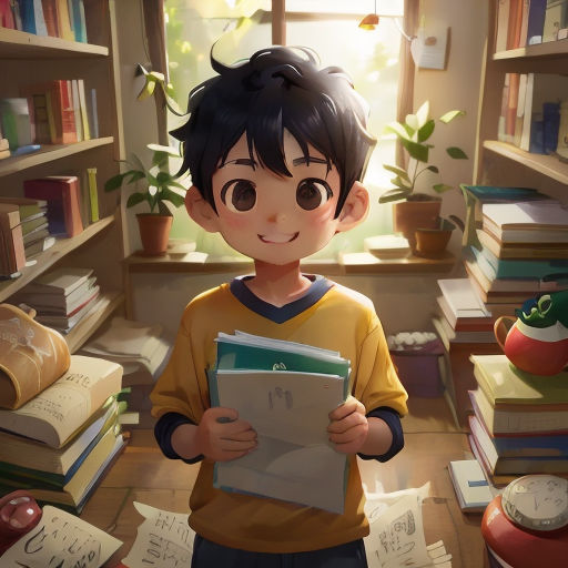 a boy holding a book in a library with books on the shelves and a plant in the corner of the room